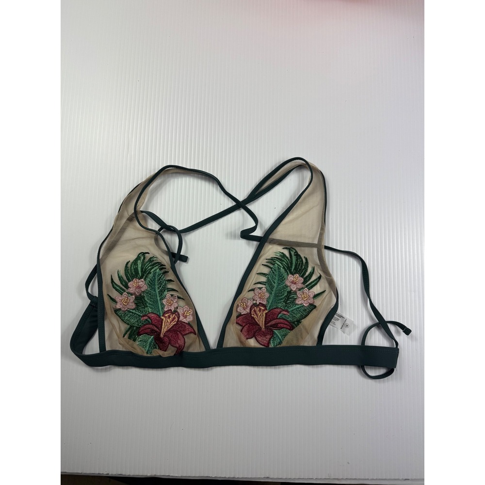 Envy Tropical Embroidered Sheer Bra - Green and Tan
